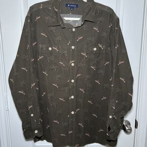 Daniel Cremieux Fishing Print Corduroy Button Up Shirt Size XL Brown Outdoors